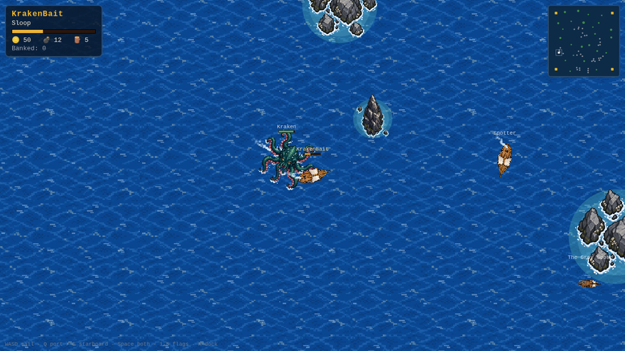 A pirate sloop tangling with a kraken among rocky shoals