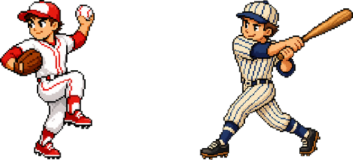 A pixel-art pitcher facing a batter mid-swing