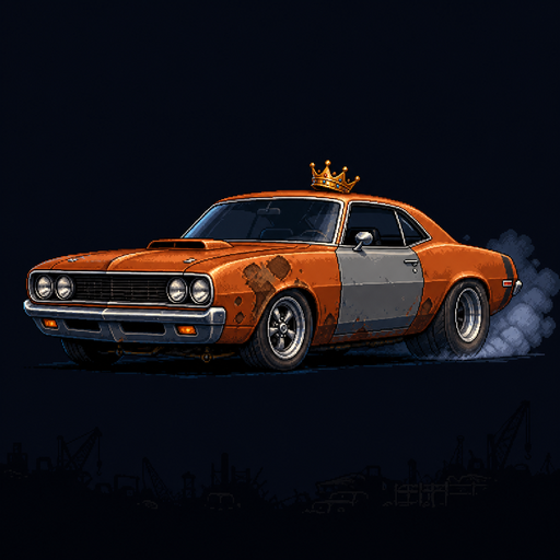 A rusty orange muscle car wearing a crown, tires smoking