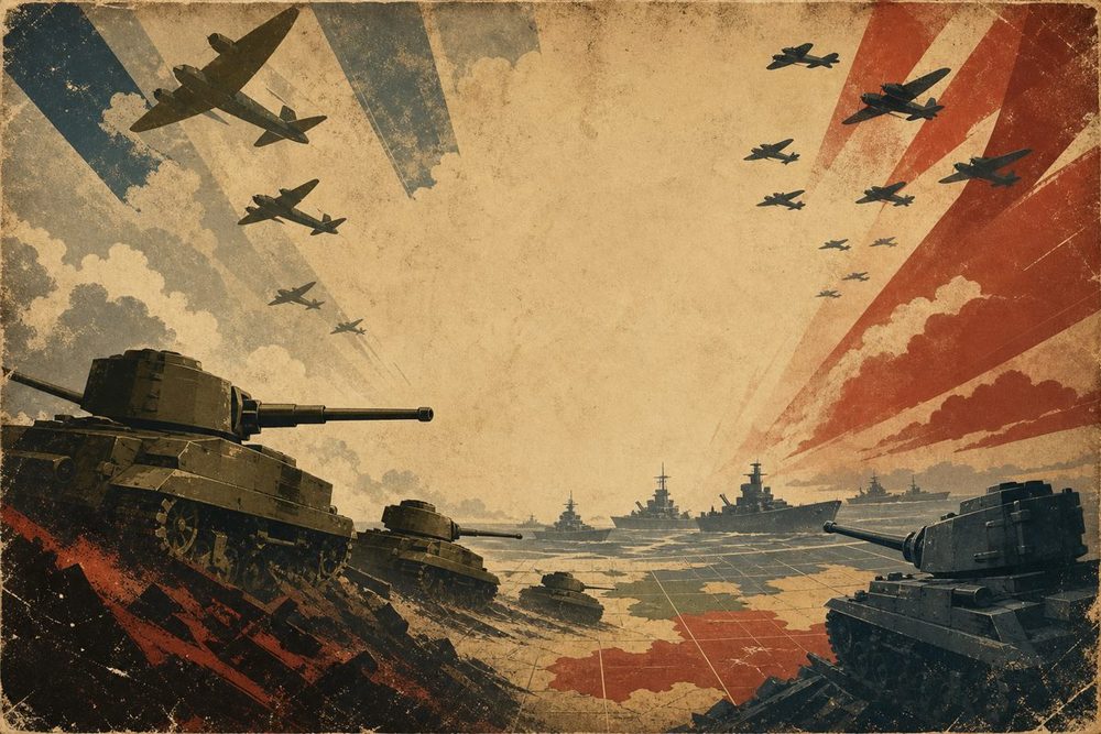 Vintage war-poster art of tanks, bombers, and battleships